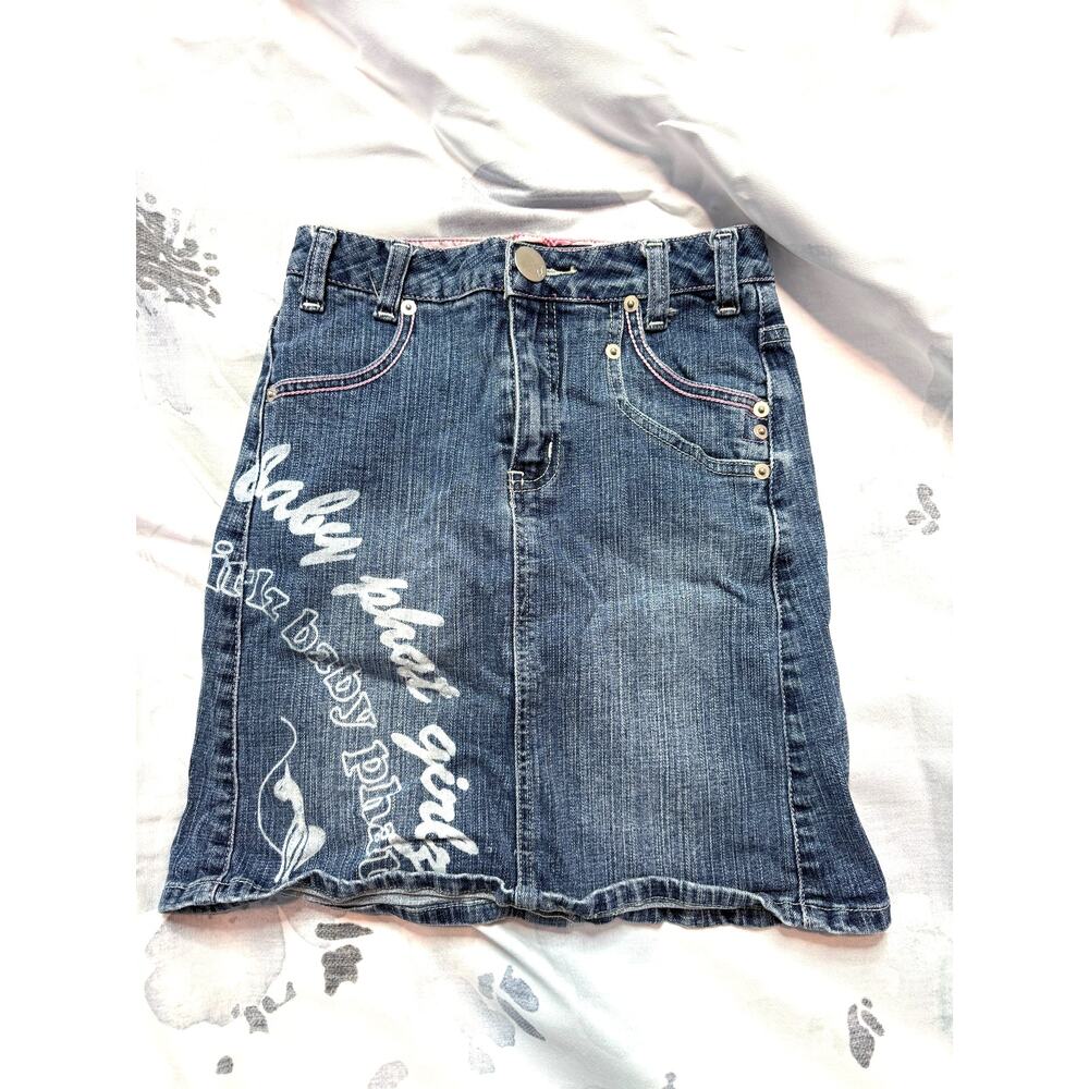 Baby Phat Girls Denim Mini Skirt Y2K Pink Stitch Graffiti Logo Size 10